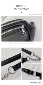 Vue détaillée du sac de poitrine en cuir PU noir texturé avec fermetures éclair argentées