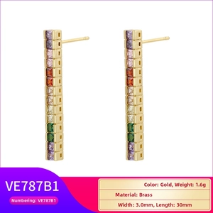 Detail of 18K gold-plated bar earrings with colorful rainbow cubic zirconia stones