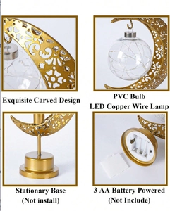 Detailed view of LED golden moon lamp showing carved design and battery base parts