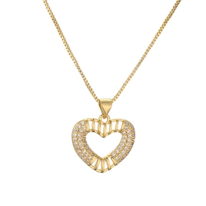 Gold plated heart moon pendant necklace with micro-pave crystals on thin box chain