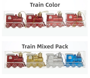 Detailed view of red and mixed color Christmas train ornaments in clear packaging boxes