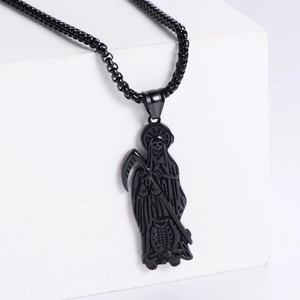 Μενταγιόν Santa Muerte από vintage ατσάλι τιτανίου σε μαύρο χρώμα για άνδρες