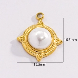 Detail view of 15.5mm 14K gold-plated shell pendant with centered pearl inlay