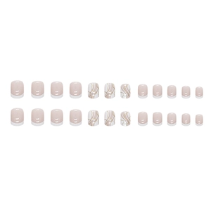 Short square French press-on nails set with nude pink base and golden line accents