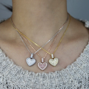Hip hop heart zircon pendant necklace set in silver, rose gold and gold finishes