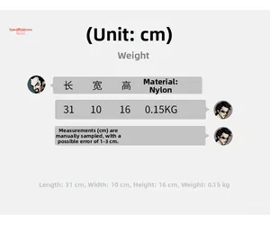Detailed size specifications for the nylon canvas bag with 31cm length and 0.15kg weight