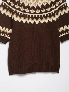 Close-up of Fair Isle knit sweater with geometric patterns and cable textures