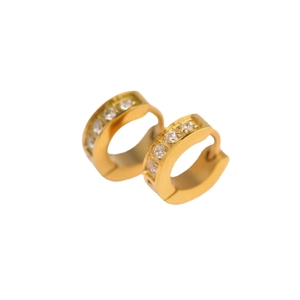 Minimalist gold stainless steel huggie hoop earrings with row of clear cubic zirconia stones