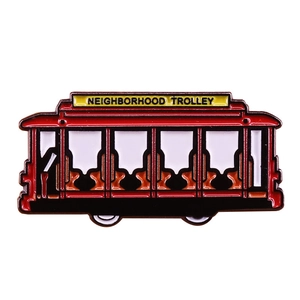 Classic red Neighborhood Trolley enamel pin badge for backpacks and clothing accessory