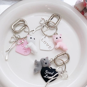 Portachiavi con Gatto Floccato in Stile INS Coreano Con Fiocco in Metallo E Ciondolo a Cuore Carino Animale Perlato Ciondolo da Borsa Per Donna Ragazza Regalo