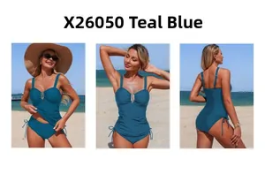 Detail of teal blue tankini set with U-shaped metal buckle and adjustable side drawstrings