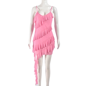 Pink slim fit ruffle strap mini dress in lightweight mesh with asymmetric hem