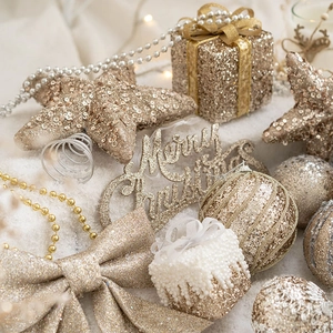 Champagne gold and silver Christmas ornaments set with star topper and festive glitter balls