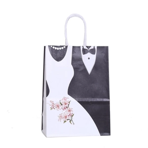 Wedding kraft paper gift bags with creative tuxedo and bridal dress floral prints