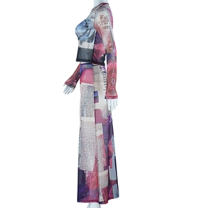 Side view of mesh two-piece set featuring newspaper print crop top and slim fit skirt