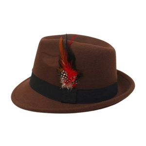 Detail of a brown fedora hat featuring a black ribbon band and decorative feathers