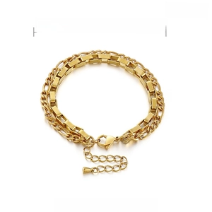 Detailed size chart of gold double-layer stainless steel curb and rectangle link bracelet
