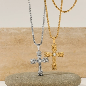 Luxurious gold and silver crown cross pendant necklaces with sparkling center stones