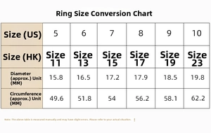 Detailed international ring size chart with US and HK measurements for S925 silver rings