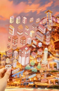 Macro view of 3D layered PET Chongqing city stickers featuring Hongya Cave architecture