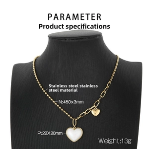 Detailed parameter display of gold heart necklace with stainless steel beads and measurements