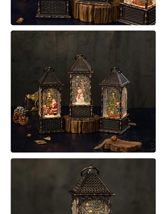 Close-up of retro bronze Christmas lantern with Santa scene and festive pine cone decor