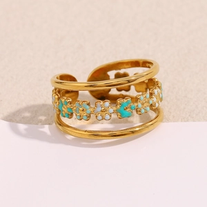 Close-up of vintage multi-layer 18K gold plated stainless steel floral open ring