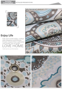Close-up of waterproof polyester shower curtain with metal grommets and blue paisley pattern
