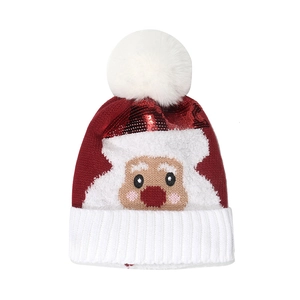 Rote Weihnachtsstrickmütze mit Pailletten, Weihnachtsmann-Motiv und weißem Bommel