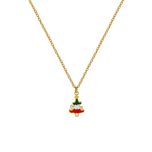 Close-up of golden Christmas tree pendant necklace with green and red enamel detail