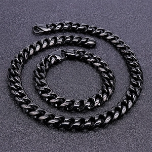 Men's black stainless steel Cuban link chain necklace and bracelet set jewelry