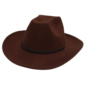 Classic dark brown western cowboy hat with wide brim and black braided decorative rope