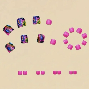 Pink press-on toe nails set featuring bohemian floral patterns and glossy finish
