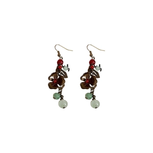 Boucles d'oreilles fleurs ethniques rétro en bronze avec perles rouges et vertes