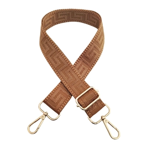 Brown jacquard geometric 3.8cm shoulder strap with golden metal swivel hooks