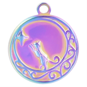Rainbow heart 18k gold plated stainless steel necklace pendant with cat and moon design
