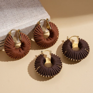 Retro leather woven hoop earrings in reddish brown and dark coffee with gold metal finish