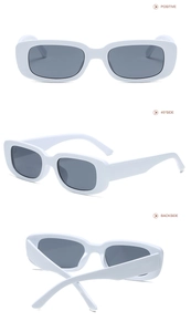 Detailed views of white rectangular sunglasses showing front, 45-degree, and backside angles