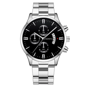 Men's business watch with black dial and silver stainless steel band from a front view