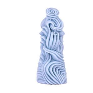 Blue cylindrical candle mold with swirl texture and rose top for DIY soap making