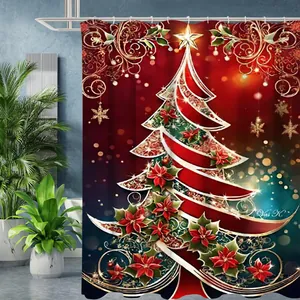 Detail view of 3D Christmas shower curtain with red poinsettia and festive tree patterns