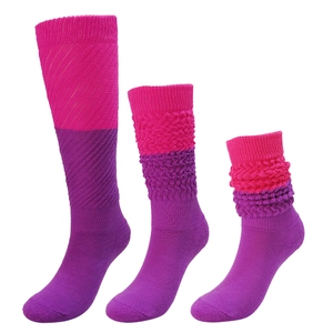 Three pairs of pink and purple knit slouch socks shown in various styles on a white background