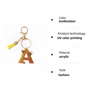 Detailed product specifications for the acrylic honey bee letter A keychain with tassel