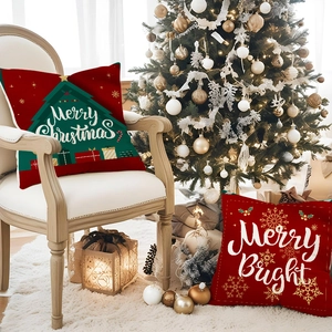 Red Christmas linen pillowcase set with snowman and tree patterns for sofa decoration