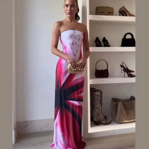 Pink and white abstract floral print tube maxi dress for beach and party occasions