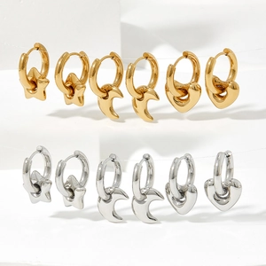 Minimalist stainless steel hoop earrings with heart star and moon charms in gold and silver