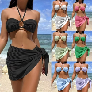 Women Bikini Halter Top And Bottom With Ribbed Sarong Skirt Solid Color Beach Swimwear Vacation Style