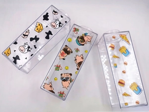 Three square milk box shaped transparent cups with cute cartoon cow and burger prints