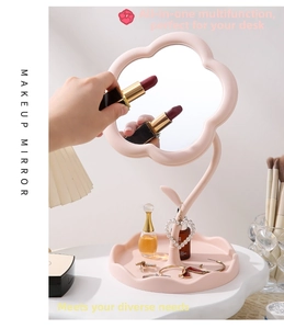 Pink sunflower makeup mirror with wavy storage base and earring hanging hooks