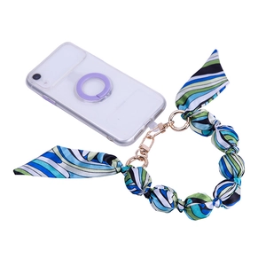 Transparent phone case with purple stand and blue-green wave pattern silk scarf chain